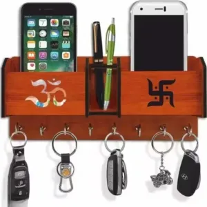 Wooden Key Holder | 8 Hooks Wall-Mounted Key Organizer & Mobile Stand | Home, Office & Kitchen Decorative Item (Brown)