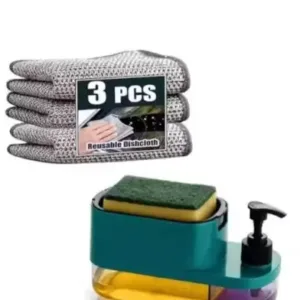 3 in 1 Soap Pump Dispenser with Sponge Holder & 3 Reusable Cleaning Cloths | Dual Chamber Dishwashing Liquid Dispenser for Kitchen Sink & Bathroom | Green | Pack of 1 ( default, OS )