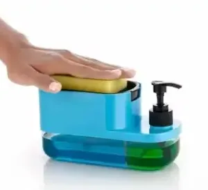 3 in 1 Soap Pump Dispenser with Sponge Holder & 3 Reusable Cleaning Cloths | Dual Chamber Dishwashing Liquid Dispenser for Kitchen Sink & Bathroom | Green | Pack of 1 ( default, OS )