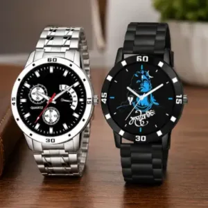 Men’s Analog Watch Combo Pack of 2 – Black Dial Stainless Steel Chain & Rubber Strap Watches | Quartz Casual Wristwatch Set ( default, OS )