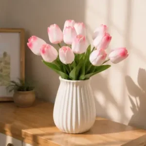 Artificial Tulip Flowers Bouquet – 6 Pcs Real Touch Sky Pink Tulips with Stems for Home & Wedding Décor ( pink, OS )